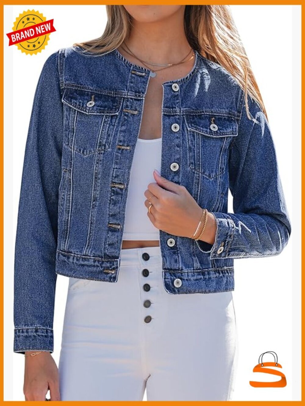 Collarless Button Down Denim Jacket Casual Western Long Sleeve Jacket - Picture 1 of 7